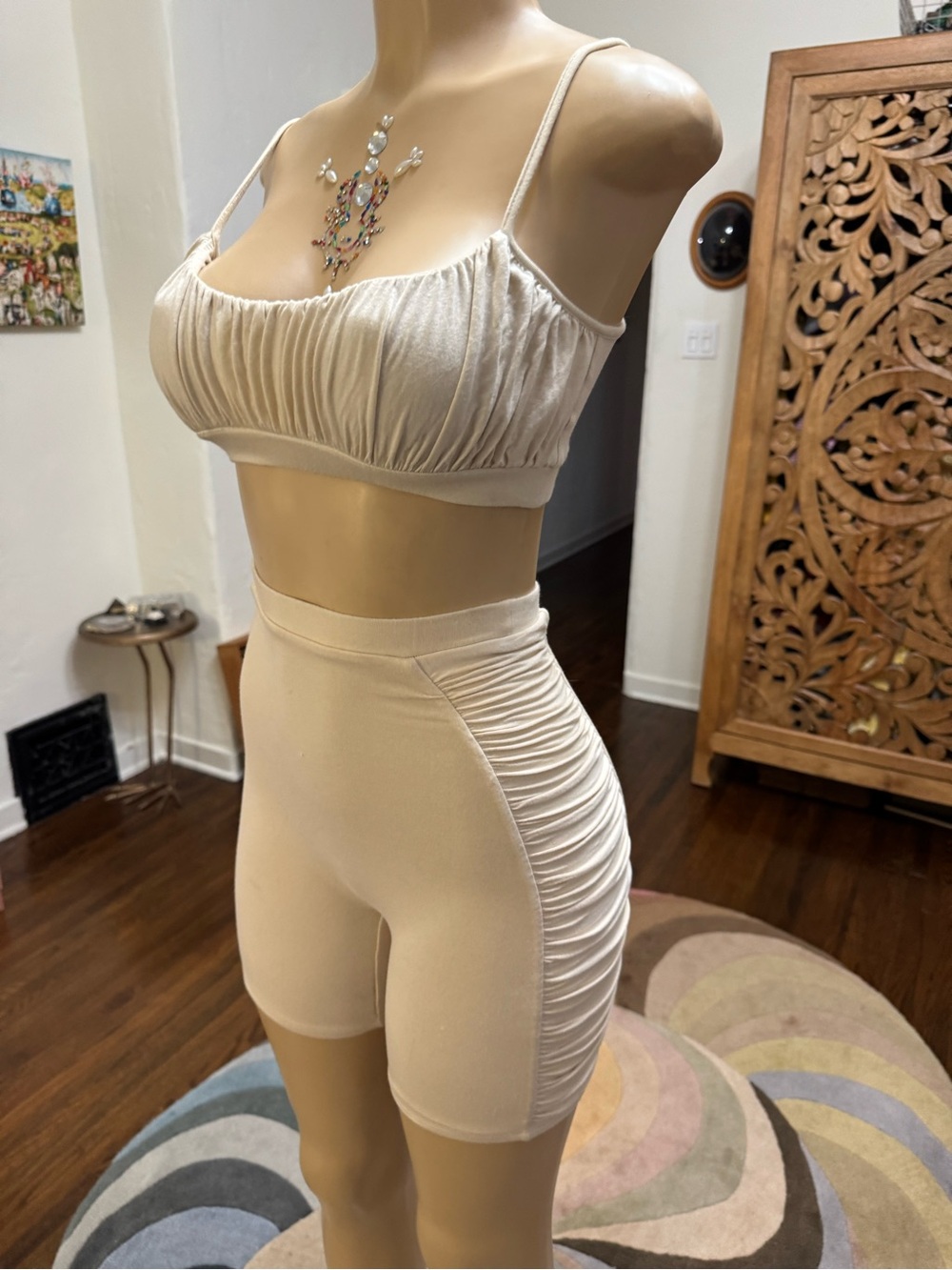 Oh Polly Cream High Waist Ruched Bike Shorts & ruched crop top set